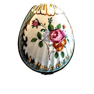 Vintage Porcelain Hinged Clam Shell Trinket Box ~ White/Aqua w/Floral, Gold Trim